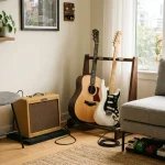 An organized apartment corner featuring small guitar room ideas with a freestanding guitar stand and a compact amplifier.