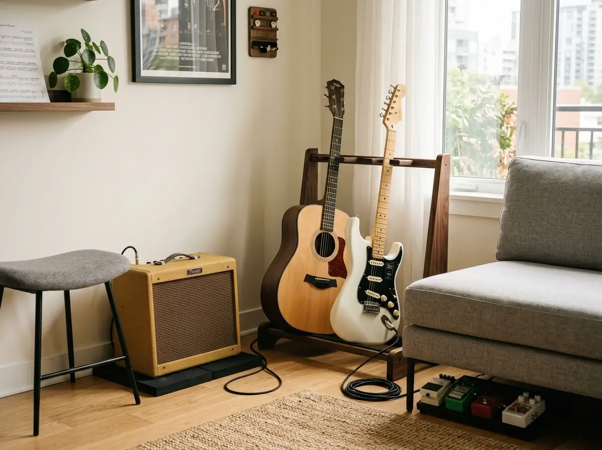 An organized apartment corner featuring small guitar room ideas with a freestanding guitar stand and a compact amplifier.