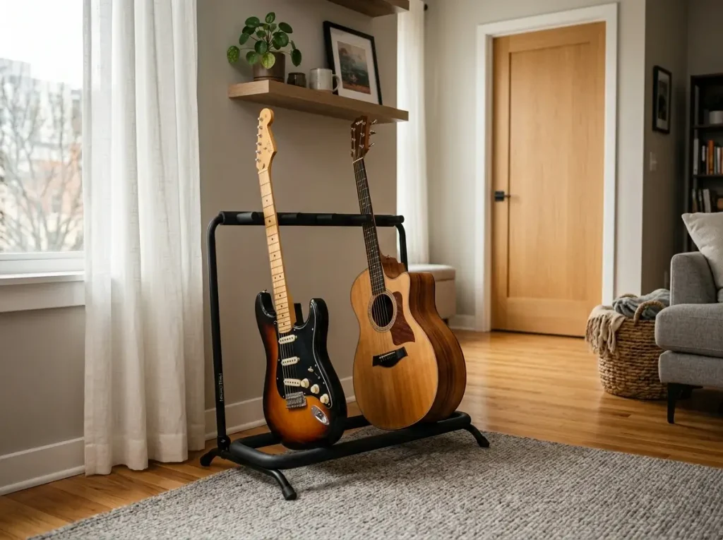 A multi-instrument rack tucked safely into a corner showcasing freestanding small guitar room ideas for renters.