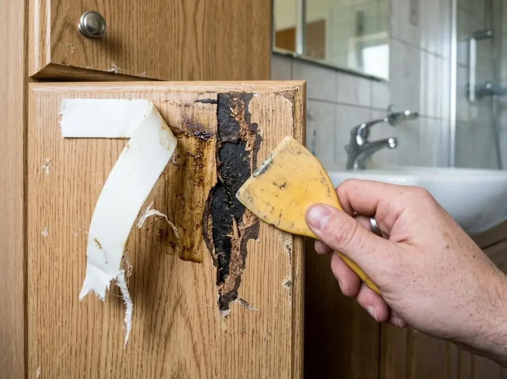 Ripped laminate and oily stains caused by cheap foam tape, showing the risks when you reverse rental bathroom upgrades improperly.