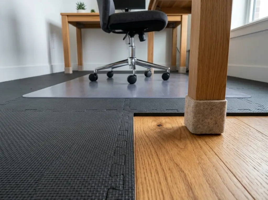 Interlocking foam tiles and a clear polycarbonate chair mat protect the floor of a small hobby room.
