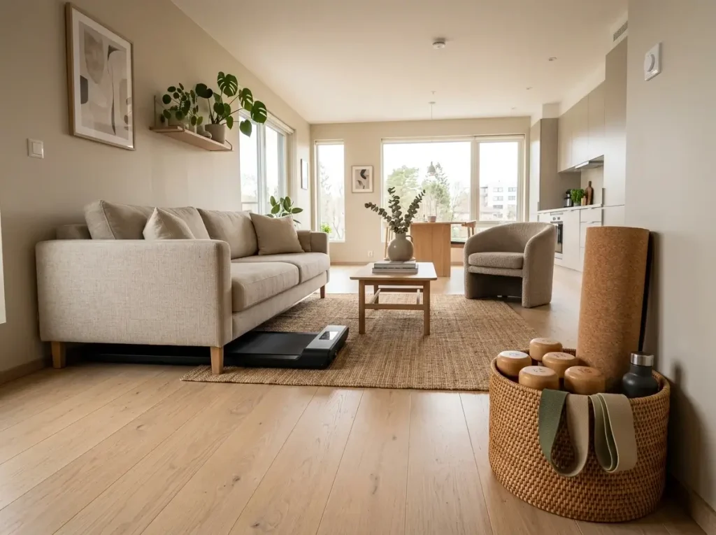 A stylish living area demonstrating open flex room ideas with visually neutral fitness gear and a hidden walking pad.