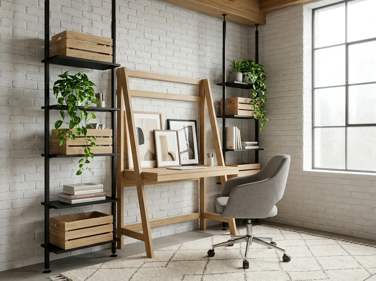 A bright and modern workspace featuring a freestanding desk, leaning shelves, and propped artwork, showcasing brilliant small loft office ideas for renters without the need for drilling.