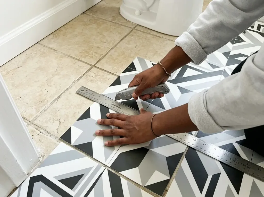 A person demonstrating a step-by-step method to safely cover rental bathroom tiles on the floor using thick peel-and-stick vinyl and a utility knife.