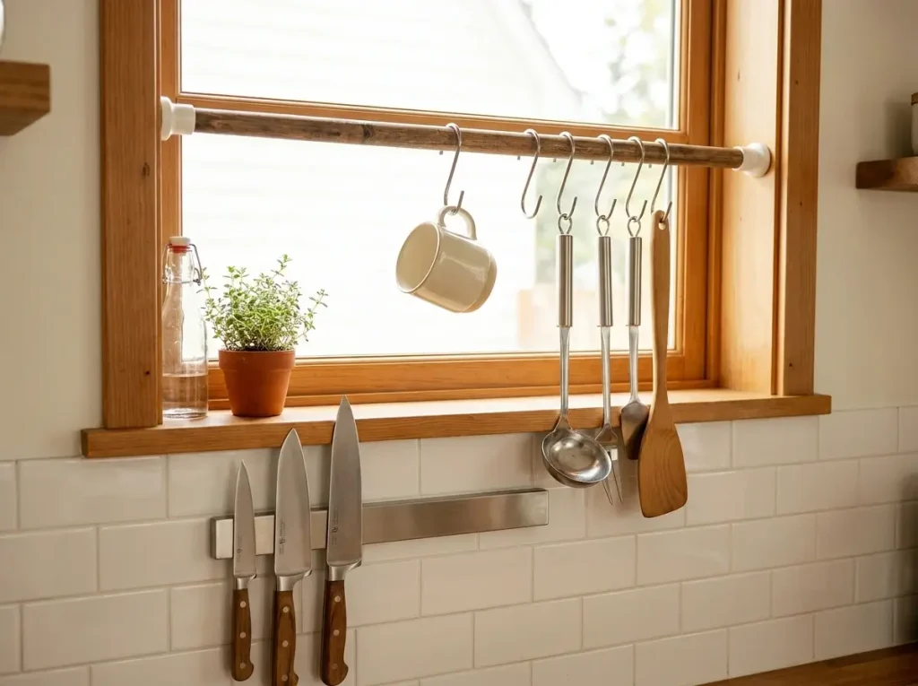 A tension rod with S-hooks and an adhesive magnetic knife strip demonstrate brilliant small loft kitchen ideas for drill-free utensil storage.