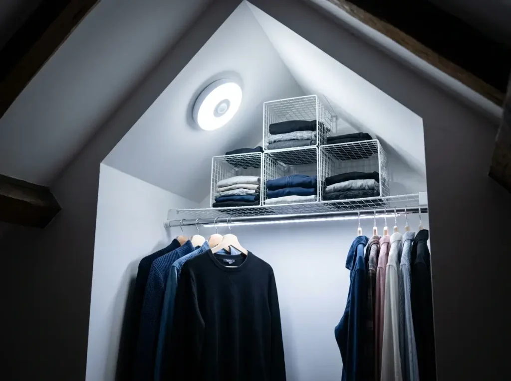 A dark slanted ceiling nook brightly lit by wireless puck and strip LEDs, showcasing brilliant small attic closet ideas for illuminating folded and hanging clothes.