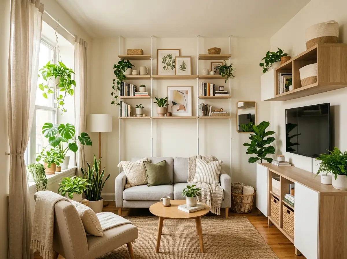 A beautifully organized living space demonstrating the best apartment storage solutions for renters and frequent movers.