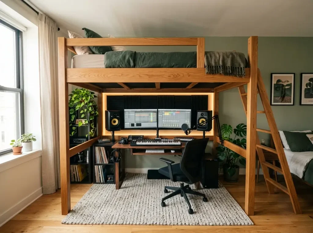 Utilizing a loft bed is one of the most efficient small bedroom music studio ideas for renters without a spare room.