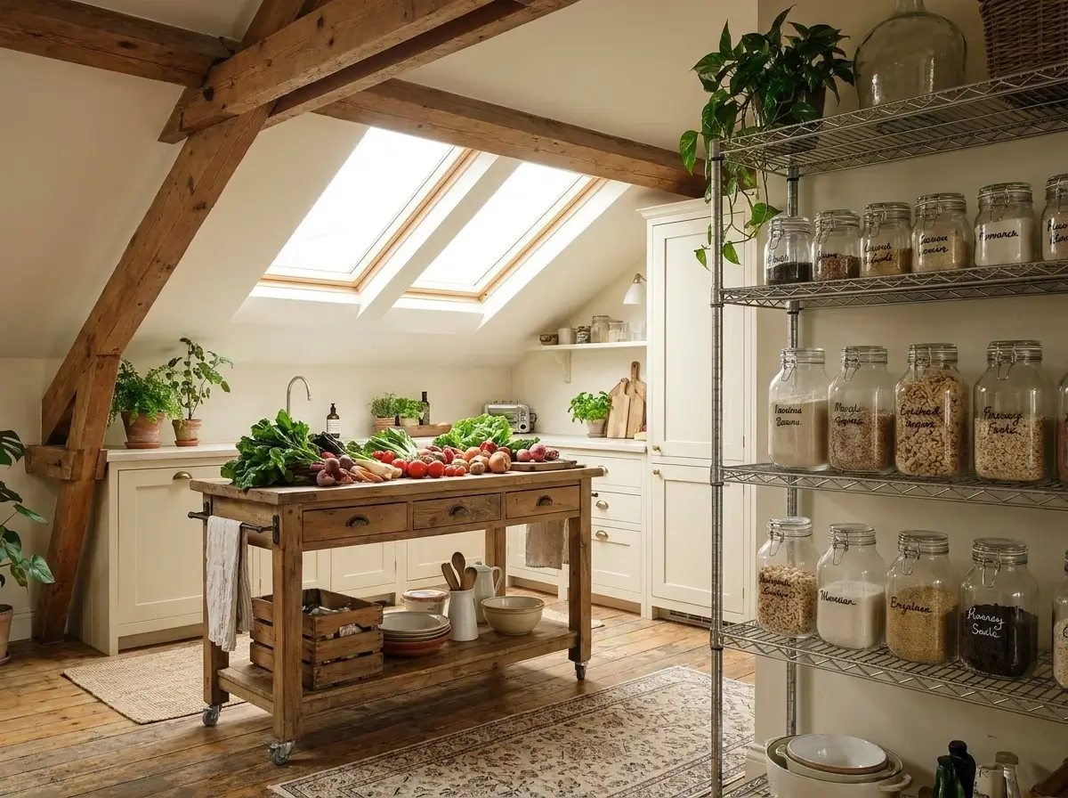 A rolling wooden cart and freestanding shelves provide brilliant small loft kitchen ideas for renters.
