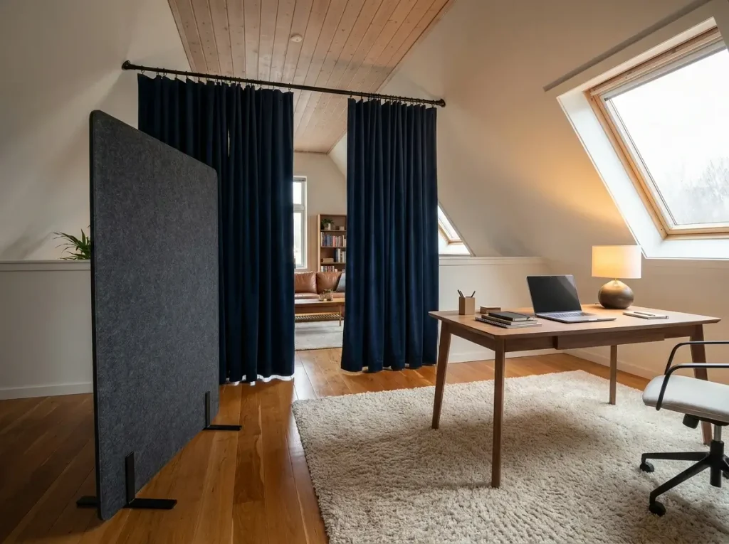 A peaceful home workspace featuring a thick rug, freestanding felt acoustic panels, and heavy tension-rod curtains, demonstrating sound-absorbing small loft office ideas for apartments.