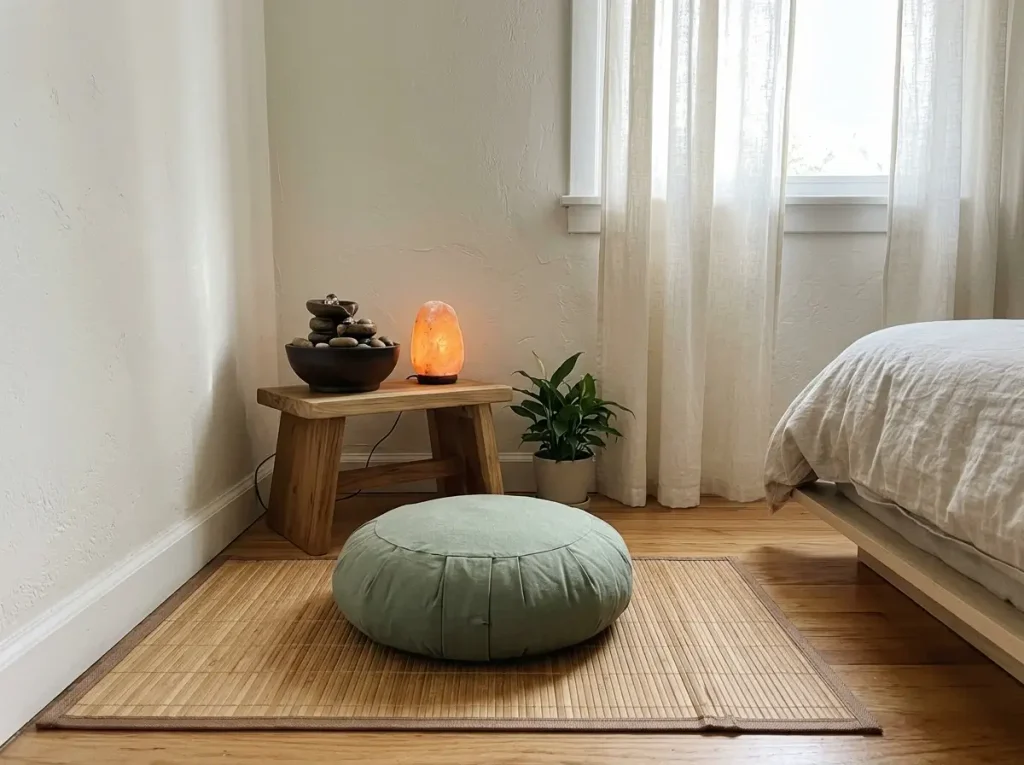 A round zafu cushion and tabletop water fountain demonstrating budget diy small craft room ideas for a meditation corner.