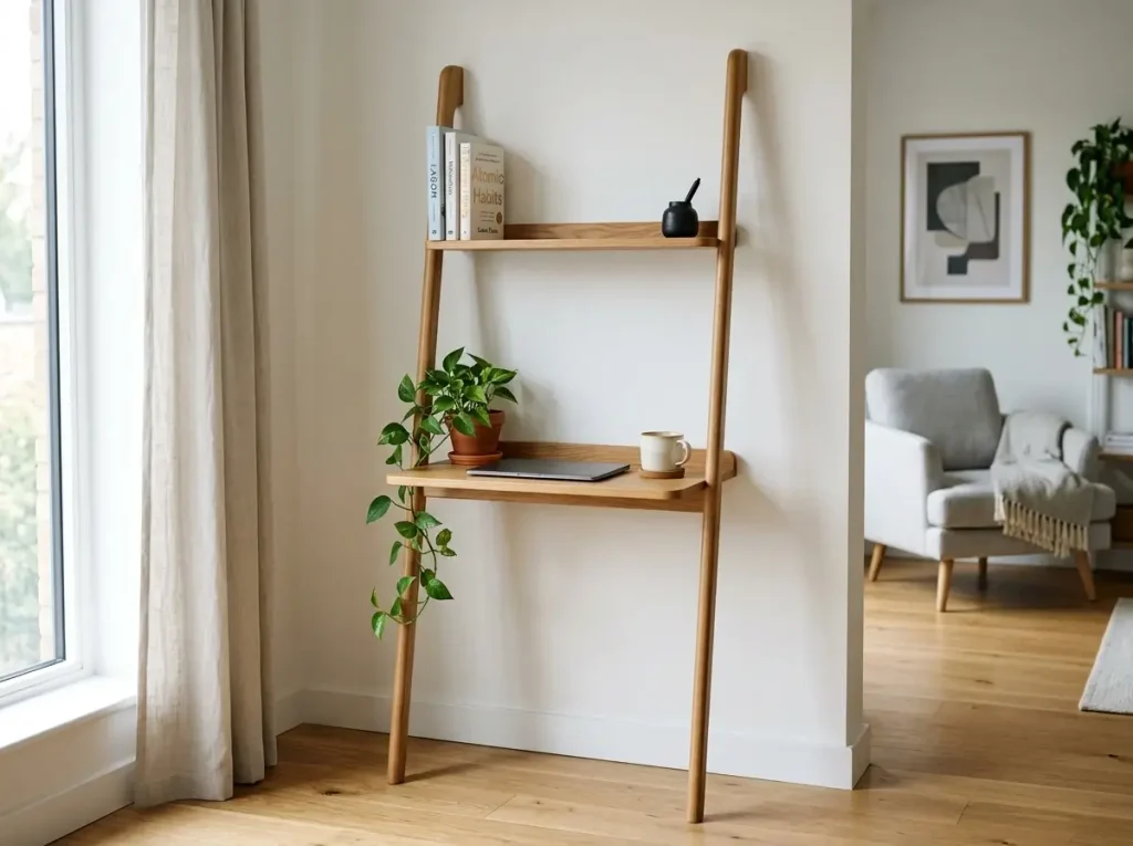 A space-saving leaning ladder desk optimizing the layout of a small guest room and office.