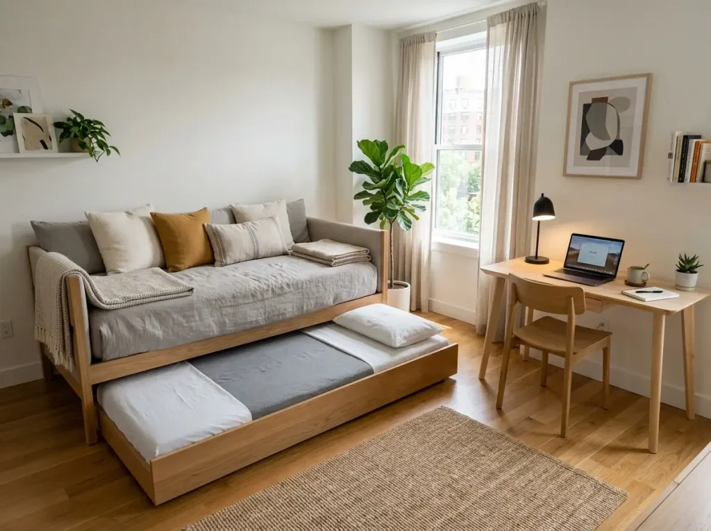 A renter-friendly small guest room and office featuring a daybed with a trundle and a minimalist workspace.