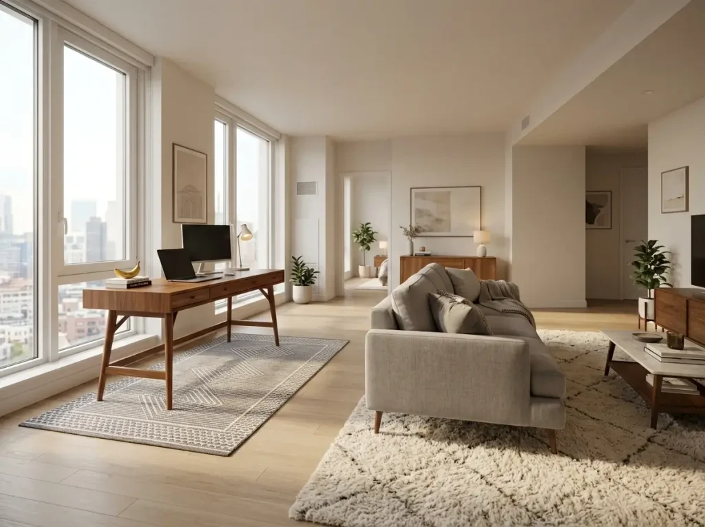 A modern apartment showcasing open flex room ideas using a sofa back and varied area rugs to separate a living room from a workspace.