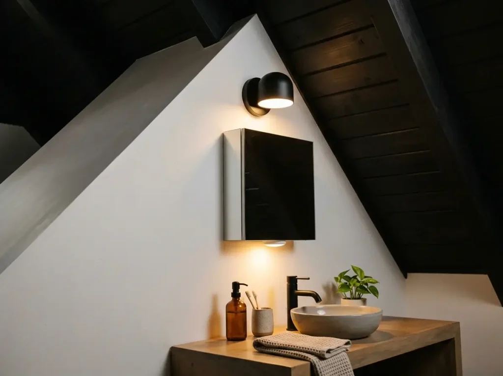 A brightly lit vanity showcasing safe small attic bathroom ideas using wire-free magnetic sconces and battery-operated LEDs.