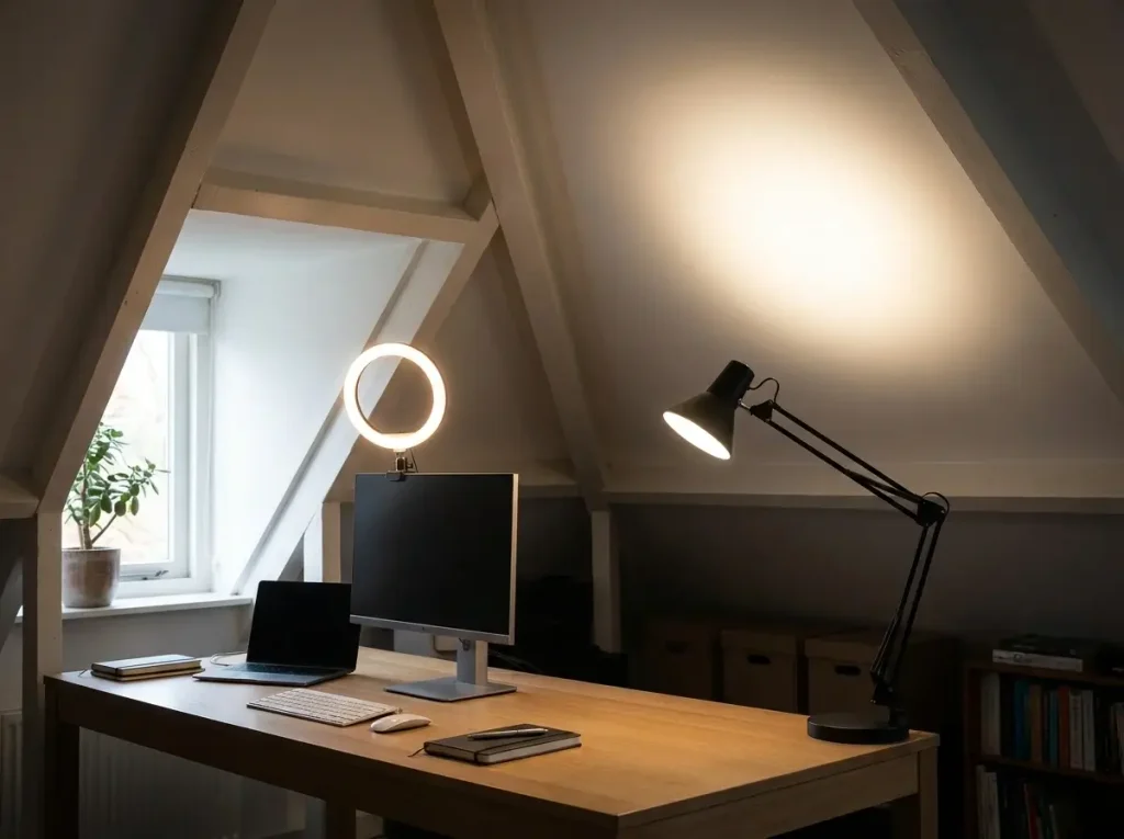 A well-lit attic workspace featuring a clamp-on ring light and an upward-angled desk lamp bouncing light off a slanted ceiling, showcasing essential renter-friendly small loft office ideas for perfect video call lighting.
