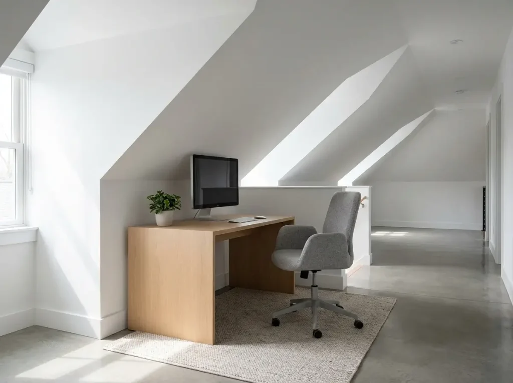A beautifully arranged desk tucked safely under a steeply pitched roof, demonstrating clever small loft office ideas with perfect ergonomic monitor alignment and plenty of chair clearance.