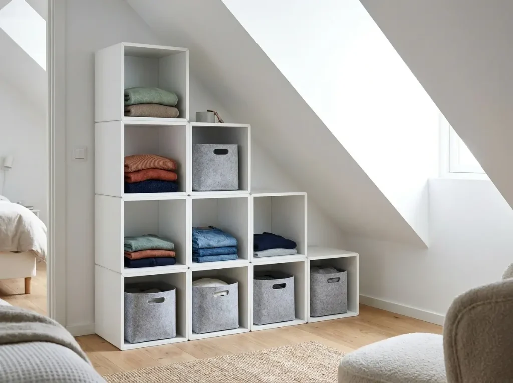 A neatly organized stair-step formation of modular storage cubes filled with folded clothes and fabric bins, demonstrating clever small attic closet ideas under a sharply slanted ceiling.