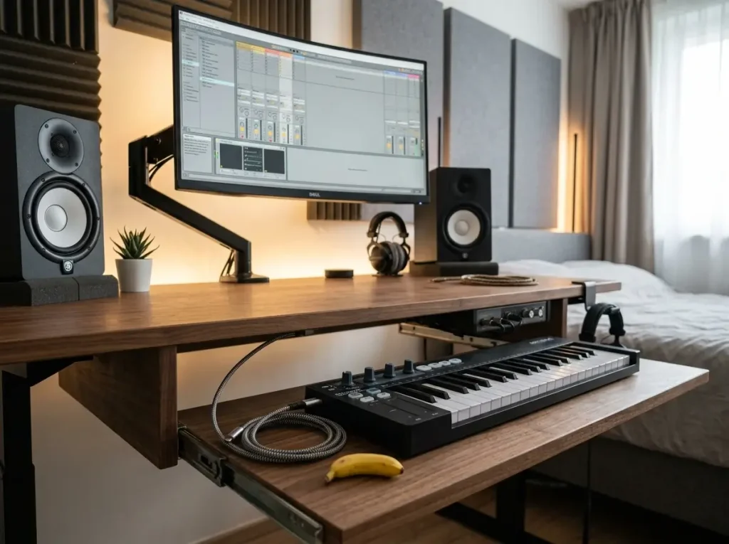 A highly organized workstation utilizing vertical space and slide-out trays as smart small bedroom music studio ideas.