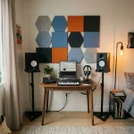 A cozy rental apartment featuring renter-friendly small bedroom music studio ideas including freestanding monitor stands and removable acoustic panels.