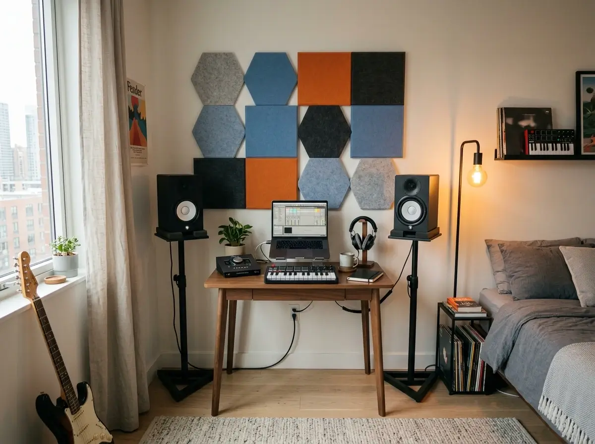 A cozy rental apartment featuring renter-friendly small bedroom music studio ideas including freestanding monitor stands and removable acoustic panels.