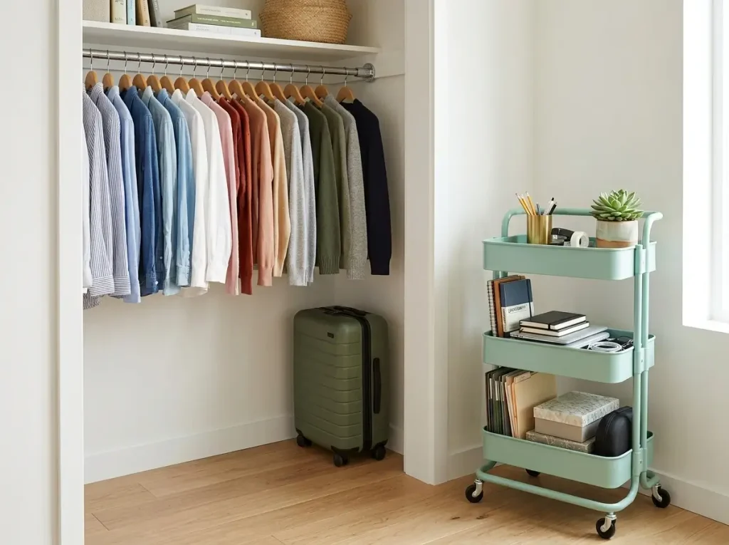 A highly organized small guest room and office utilizing a rolling utility cart and clever tension rod closet storage.