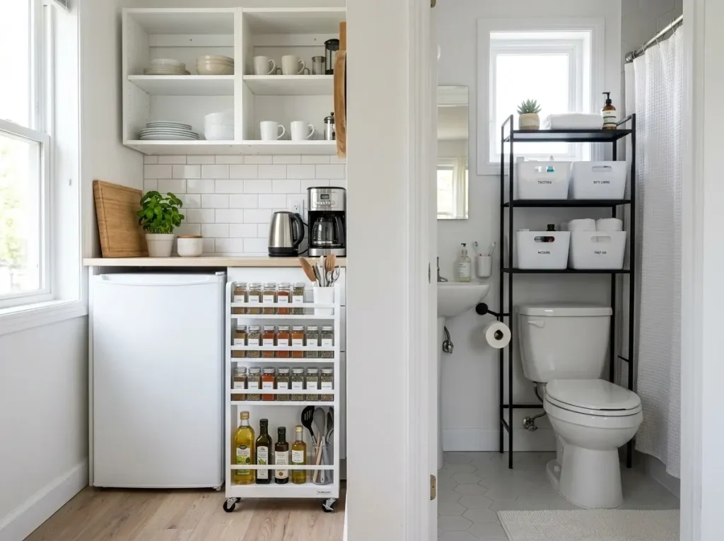 Narrow rolling carts and over-the-toilet shelving highlighting the best apartment storage solutions for kitchens and bathrooms.