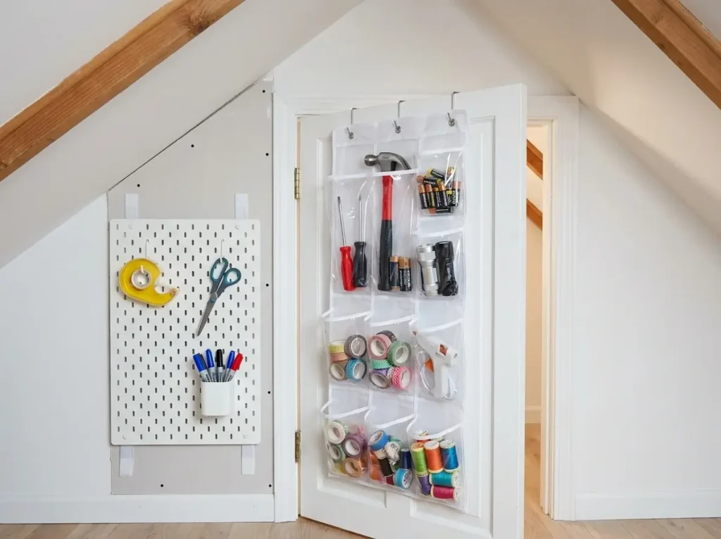 A white attic door with a clear hanging pocket organizer full of tools, next to a renter-friendly adhesive pegboard holding packing supplies, demonstrating clever small attic storage ideas.