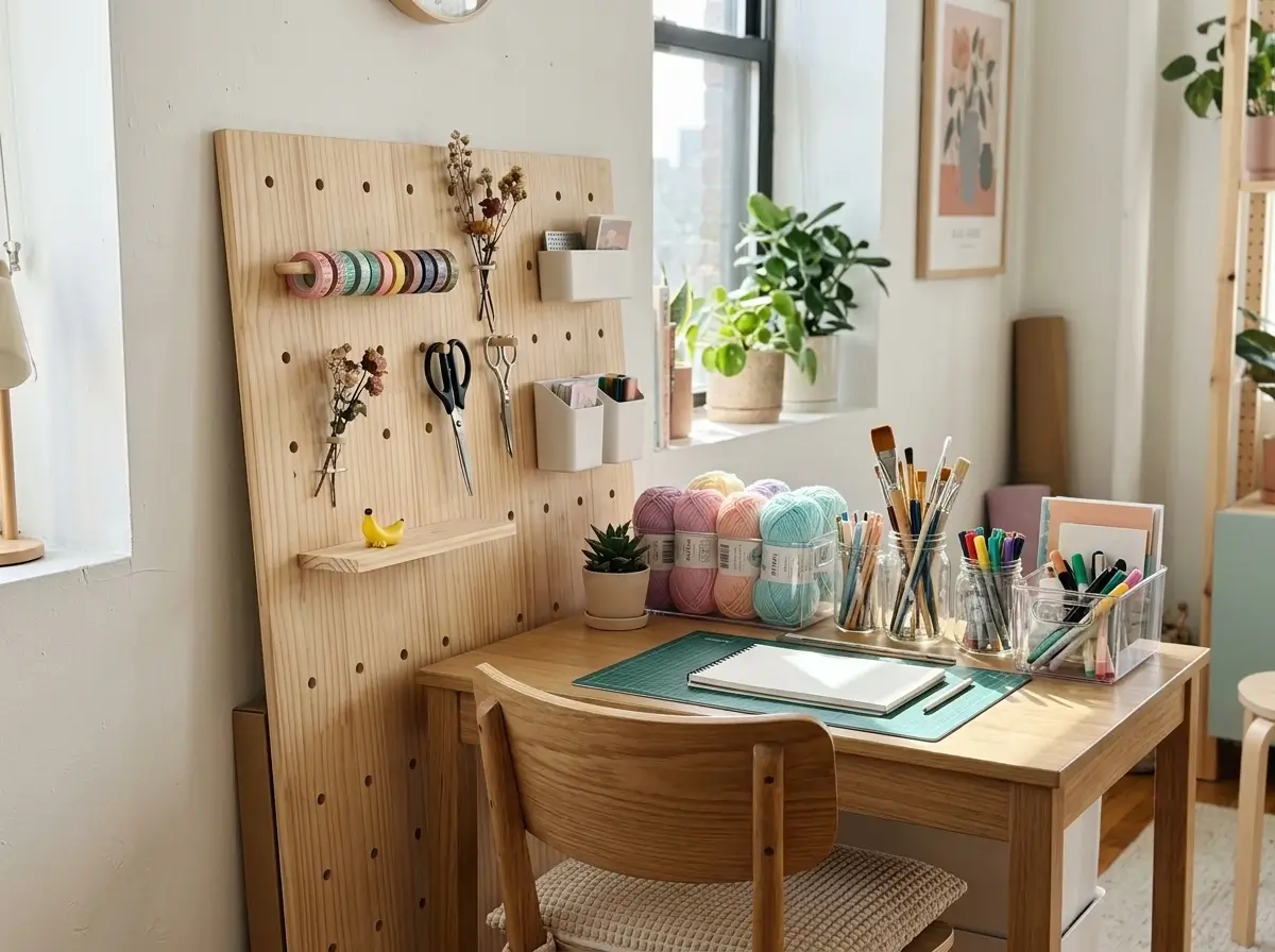 A well-organized desk and freestanding pegboard showcasing renter-friendly diy small craft room ideas in an apartment.