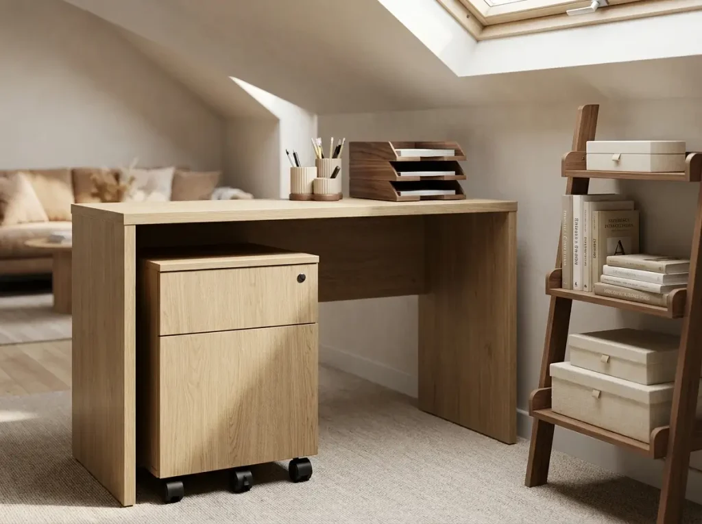 A highly organized and renter-friendly workspace featuring a rolling filing cabinet, a leaning ladder shelf, and decorative desktop boxes, showcasing brilliant small loft office ideas without wall drilling.