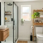 A bright and organized tiny rental utilizing drill-free bathroom storage solutions like an over-the-toilet shelf and a shower tension caddy.