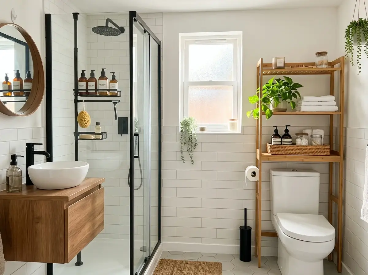 A bright and organized tiny rental utilizing drill-free bathroom storage solutions like an over-the-toilet shelf and a shower tension caddy.