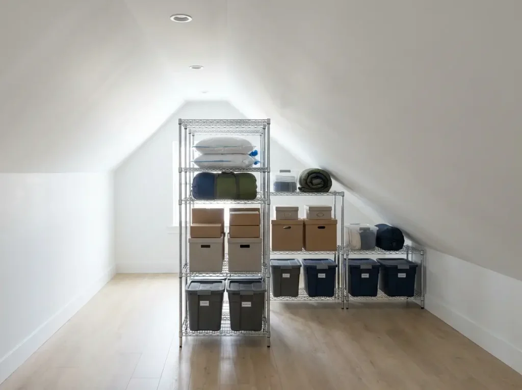 A bright, cleanly organized room under a slanted roof demonstrating renter-friendly small attic storage ideas using stepped, freestanding metal wire shelving loaded with neat bins and soft goods.