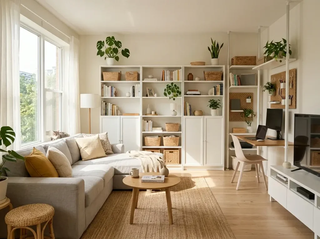 A flawlessly organized rental apartment demonstrating the best apartment storage solutions for renters and frequent movers.