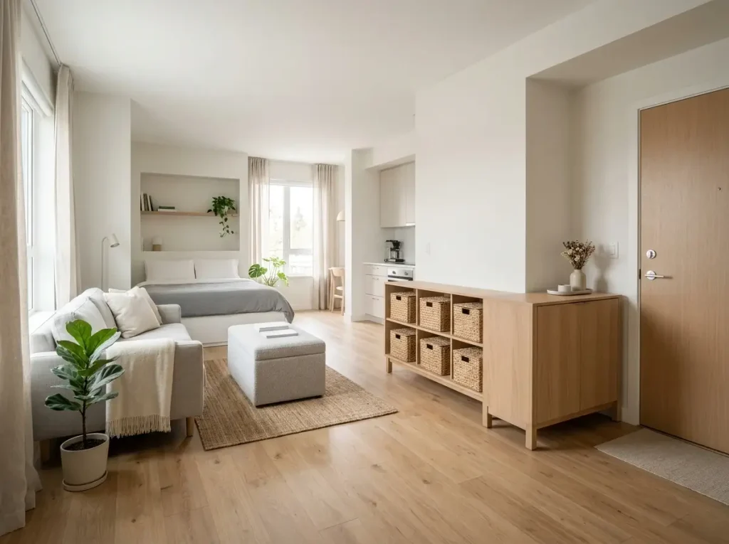 An organized open-concept studio apartment utilizing the best apartment storage solutions like opaque baskets and closed-door furniture to hide daily clutter.