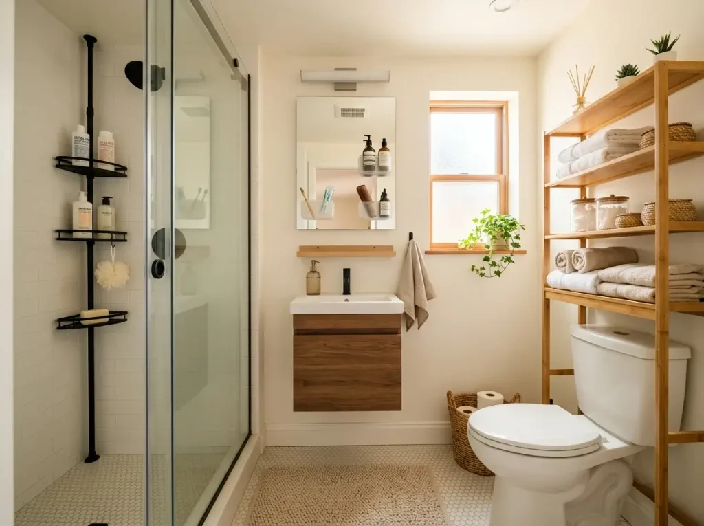 A beautifully organized tiny rental bathroom demonstrating the final result of utilizing various drill-free bathroom storage solutions to maximize space.