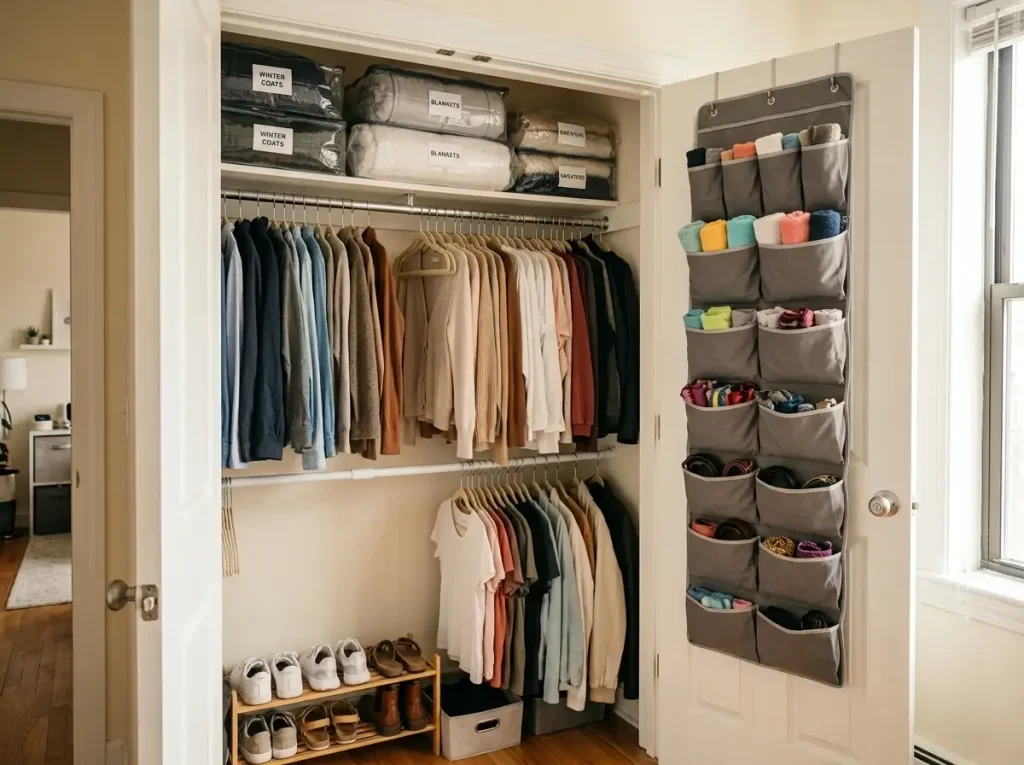 A highly organized rental closet demonstrating the best apartment storage solutions on a budget using vacuum bags and tension rods.
