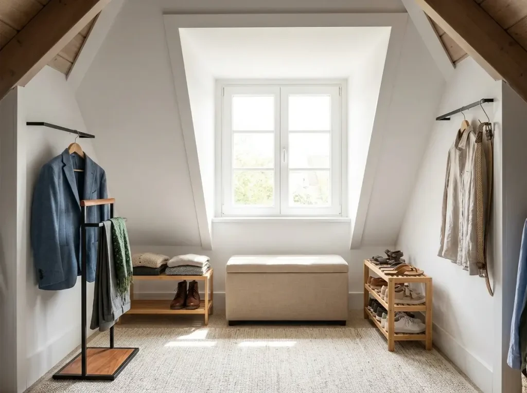 A sunlit dormer window alcove featuring a storage ottoman and freestanding valet stands, demonstrating safe and clever small attic closet ideas that do not block the window.