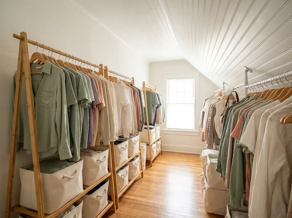 A bright and neatly arranged renter-friendly wardrobe showcasing clever small attic closet ideas under a slanted ceiling, featuring freestanding wooden racks and canvas bins.
