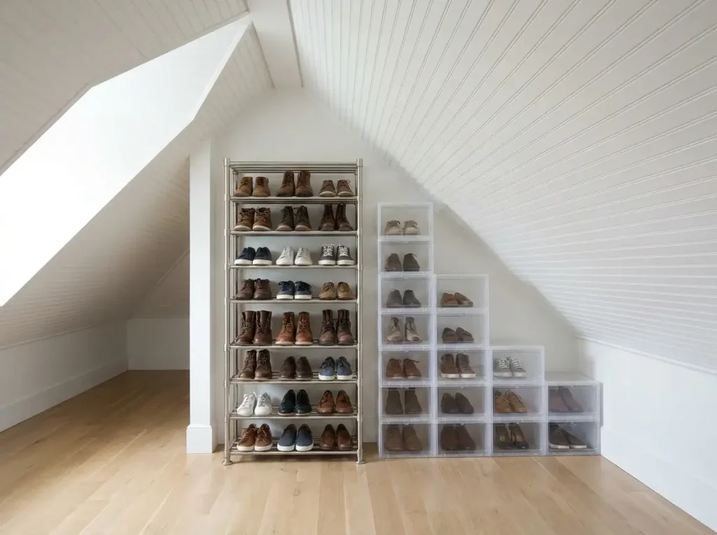 A tall freestanding shoe tree positioned at the highest ceiling apex alongside stair-stepped clear bins, showcasing clever small attic closet ideas for renter-friendly footwear organization.