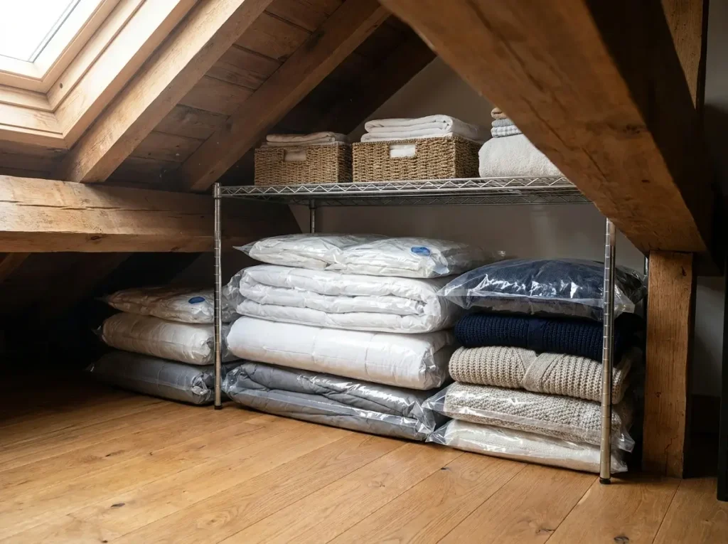A neatly organized space under a sloped ceiling demonstrating clever small attic storage ideas, featuring flat vacuum-sealed bags filled with thick winter bedding tucked efficiently beneath a freestanding wire rack.