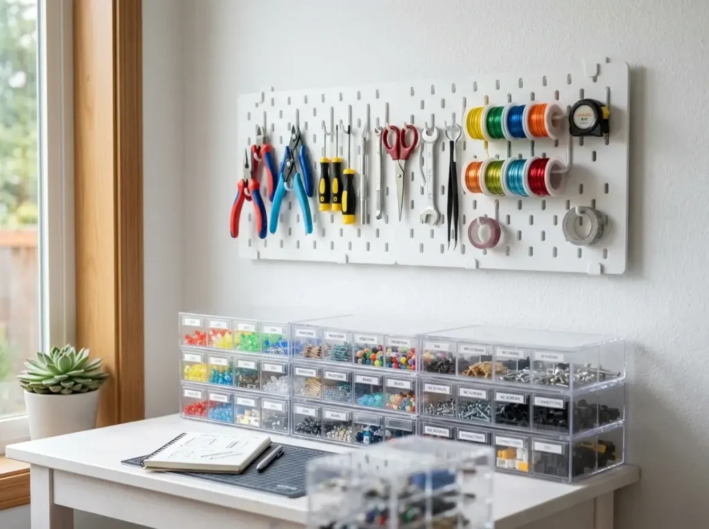 Drill-free pegboard and clear drawer organizers set up in a small hobby room.