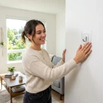 A renter easily installing drill-free storage on white drywall without using tools to protect their security deposit.