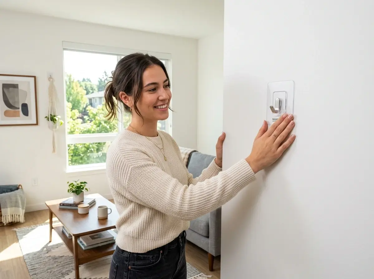 A renter easily installing drill-free storage on white drywall without using tools to protect their security deposit.