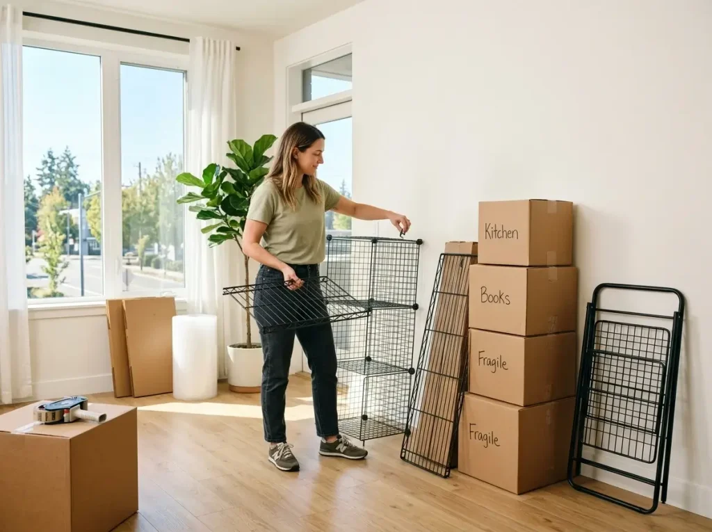 A renter efficiently packing up the best apartment storage solutions, featuring lightweight wire grid shelving and folding metal racks.