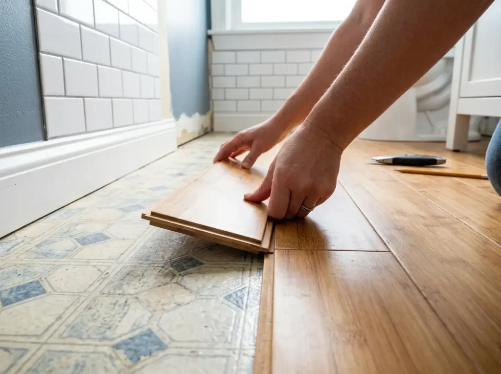 A renter applying floating bamboo floors and peel-and-stick wall coverings, demonstrating reversible small bathroom renovation ideas.