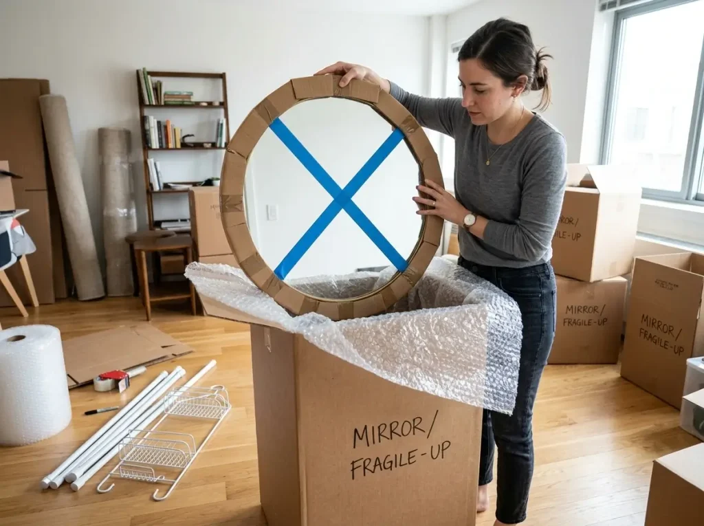 A renter packing a vanity mirror vertically with cardboard edge protectors to safely reverse rental bathroom upgrades before moving out.