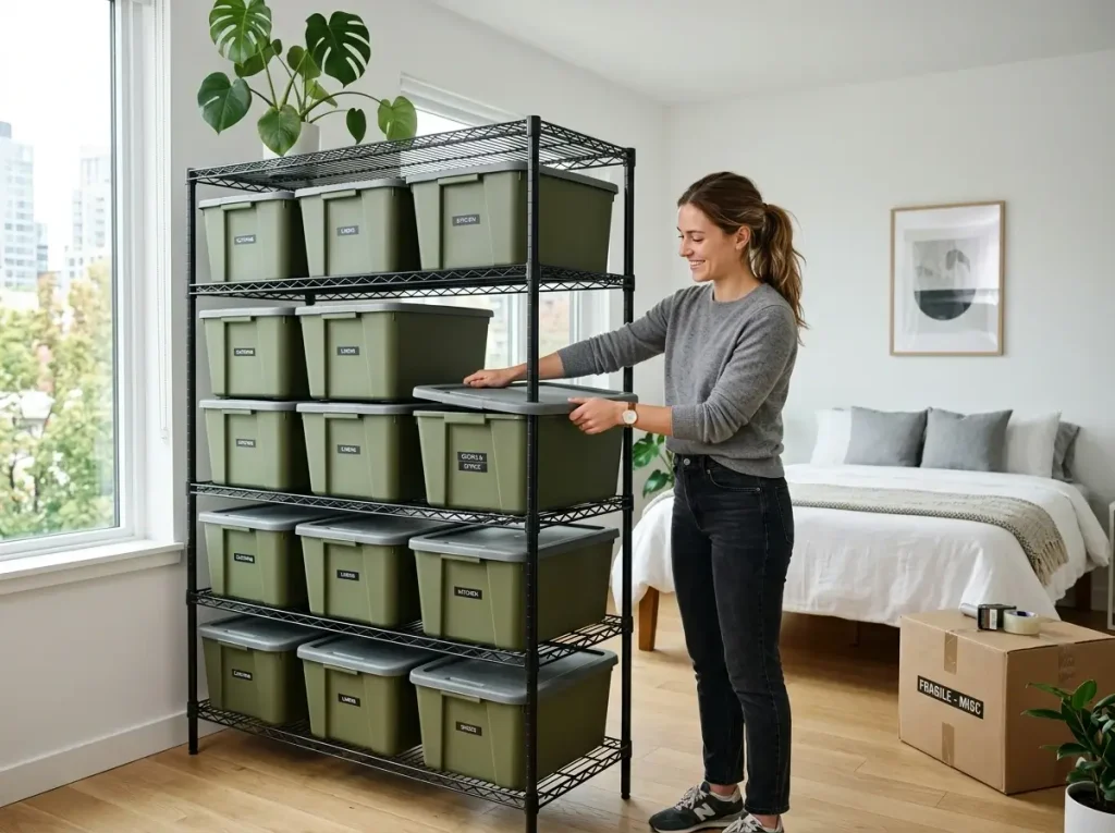 A person securing a lid onto an aesthetic heavy-duty storage bin that doubles as a drawer in a portable storage furniture setup.