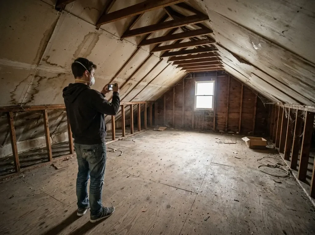 A renter taking photos of an empty room to document the starting point of their small attic conversion before and after project.