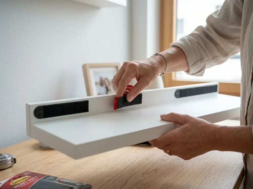 A renter applying heavy-duty adhesive strips to a white floating shelf to create a drill-free storage display without damaging the drywall.